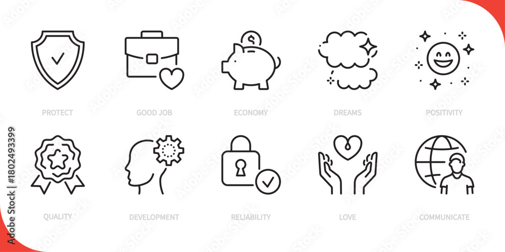 Fototapeta premium Core values line icon set. Protect, good job, economy, dreams, positivity, quality, development, reliability, love, communicate sign, symbol. Vector illustration. Editable stroke.