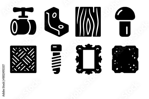 Historical Model Icons. Solid style icons of historical model aesthetics: Brass Piece, Cast Iron Part, Wood Grain Texture, Rivet