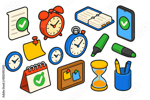 Productivity Icon Set. Isometric vector illustration set productivity with checkmark and alarm: to-do sheet with green tick, twin