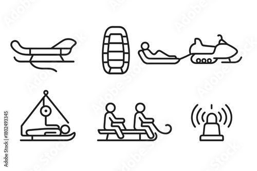 Emergency Transport Icons. Line style icons of Emergency Transport: rescue sled, ice stretcher, snowmobile carrier, rope pully