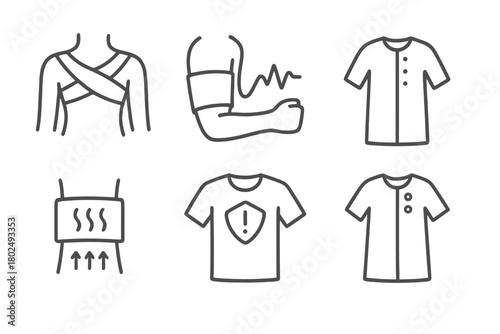 Healthcare Textile Icons. Line style icons of Healthcare Smart Textiles: posture support wrap, blood pressure sleeve, remote