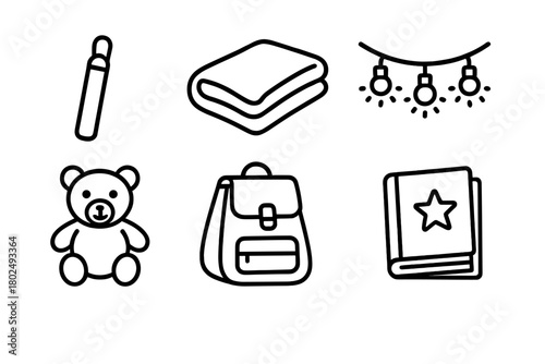 Kids' Glamping Icons. Line style icons of Kids’ Glamping Must-Haves: glow stick, soft blanket, fairy lights, plush toy, kid