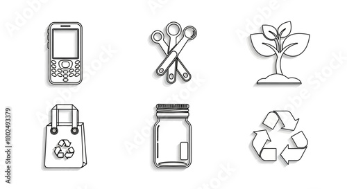 Minimalist eco icons set featuring recycle, cooking, and sustainability themes in black and white