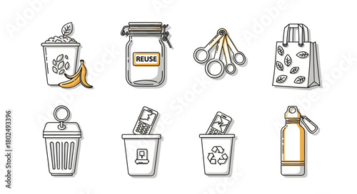 Eco-friendly lifestyle icons: recycling, reuse, and sustainable living in a minimalist design