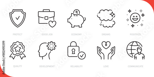 Core values line icon set. Protect, good job, economy, dreams, positivity, quality, development, reliability, love, communicate sign, symbol. Vector illustration. Editable stroke.