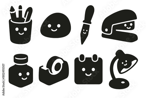 Whimsical Office Icons. Solid style icons of Whimsical Office Objects: Pencil Cup, Paperweight, Letter Opener, Stapler, Ink Bottle