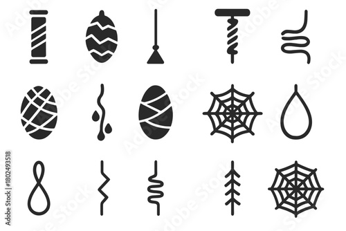 Spider Silk Icons. Solid style icons of Spider silk and accessories: silk thread, egg sac, web anchor, silk spinner, thread bundle