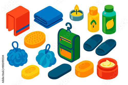 Colorful Bath Essentials. Isometric vector illustration set featuring towel, candle, and bath supplies: gym towel, microfiber