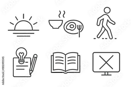 Digital Detox Icons. Line style icons of Daily Digital Detox Practices: sunrise symbol, mindful breakfast icon, walking meditation