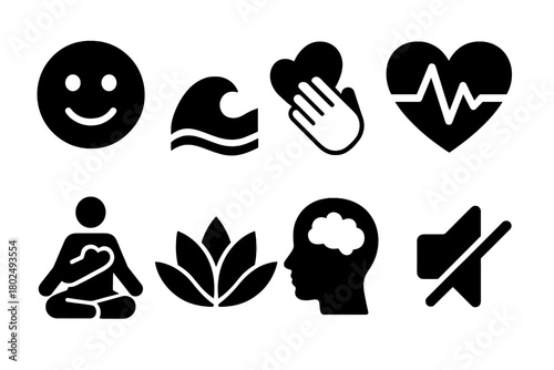 Anxiety Relief Icons. Solid style icons of anxiety relief symbols: Smiling Face, Soothing Wave, Hand Over Heart, Slow Pulse, Inner