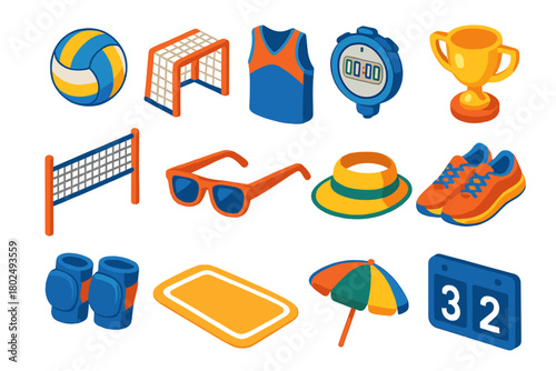 Volleyball Essentials Icons. Isometric vector illustration set ball, goalpost, jersey, timer, trophy, shoes: volleyball, beach