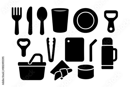 Picnic Utensils Icons. Solid style icons of Picnic utensils: fork, knife, spoon, cup, plate, bottle opener, tongs, cutting board,