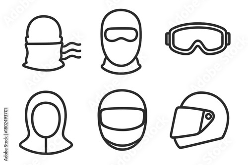 Wind Protection Icons. Line style icons of Wind Protection Accessories: windproof scarf, face mask, snow goggles, insulated hood,