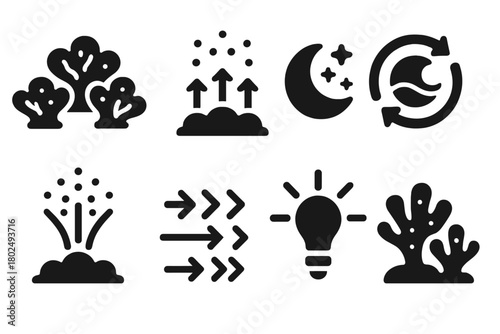 Synchronized Coral Release. Solid style icons of synchronized release behavior: Multiple Coral Heads, Timed Emission Arrows,
