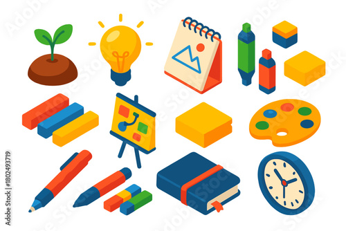 Creative Tools Icons. Isometric vector illustration set growth and creativity: plant seedling icon, illuminated bulb, sketch pad,