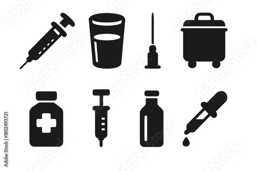 Antique Diabetes Tools. Solid style icons of Antique Diabetes Tools: Insulin Syringe, Glass, Needle, Sterilizer, Medicine, Plunger