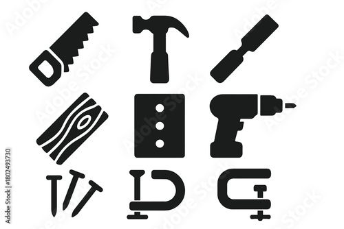 DIY Woodworking Icons. Solid style icons of DIY Woodworking: Saw, Hammer, Chisel, Wooden Plank, Sandpaper, Drill, Nails, Clamps,