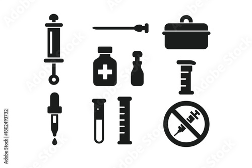 Vintage Medical Tools. Solid style icons of Antique Medical Syringe Set: Glass, Reusable Needle, Sterilizer, Medicine, Plunger,