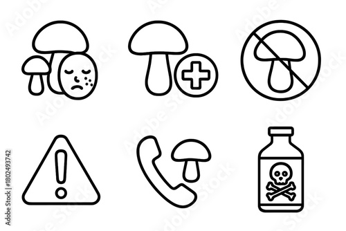 Mushroom Safety Icons. Line style icons of Mushroom Safety Warnings: allergic reaction symbol, medical alert icon, do not eat sign