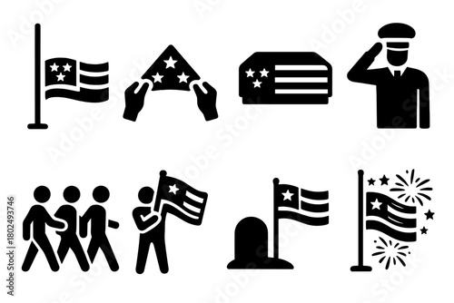 Ceremonial Flag Icons. Solid style icons of ceremonial flag use: Half-Mast Position, Folding Ceremony, Flag Draping, Guard Salute,