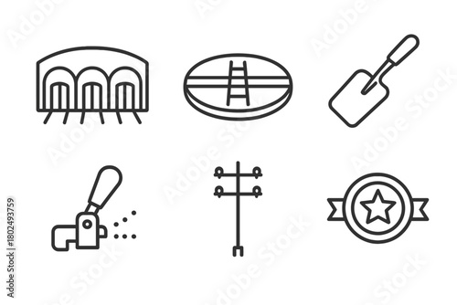 Railway Heritage Icons. Line style icons of Railway Heritage Icons: roundhouse garage, turntable, train coal shovel, ticket punch