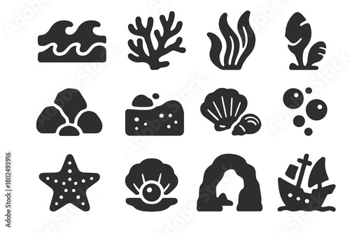 Ocean Icons Collection. Solid style icons of Ocean environment: waves, coral reef, seaweed, rocks, sandy seabed, shells, starfish,