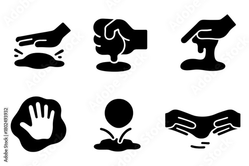 Oobleck Interaction Icons. Solid style icons of oobleck play and interaction: Slap Surface, Squeeze Ball, Finger Press, Lift and