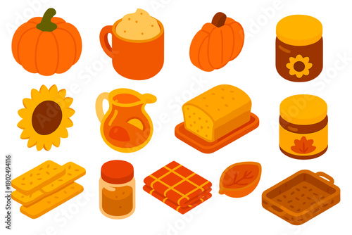 Autumn Harvest Icons. Isometric vector illustration set pumpkin, sunflower, apples, and more: pumpkin latte in mug, pumpkin-shaped