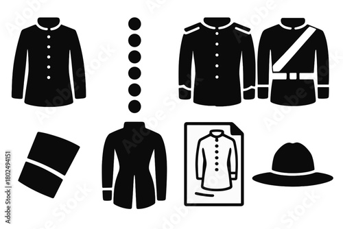 19th-Century Military Attire. Solid style icons of 19th-century military clothing: Wool Tunic, Brass Button Line, Red Epaulets,