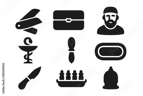 Antique Surgical Instruments. Solid style icons of Antique Surgical Instrument: Vintage Fleam, Bloodletting Knife, Case, Barber