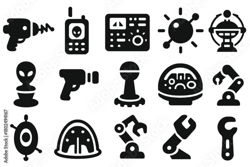 Alien Technology Icons. Solid style icons of Alien technology: laser gun, communicator, control panel, energy orb, hologram,