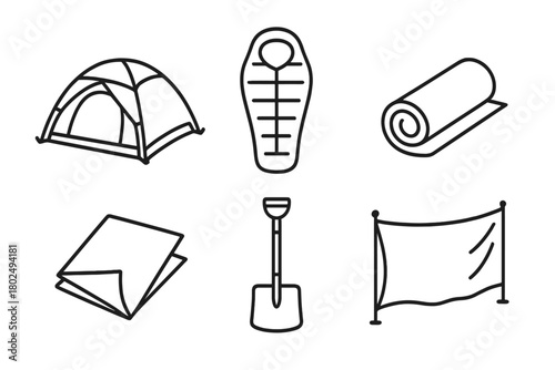 Camping Gear Icons. Line style icons of Shelter and Sleeping Gear: four-season tent, arctic sleeping bag, foam pad, reflective