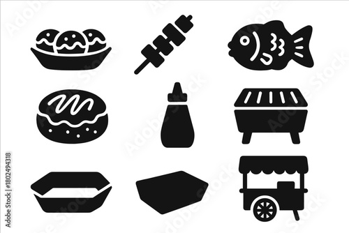 Japanese Street Food Icons. Solid style icons of Japanese street food: Takoyaki, Yakitori Skewer, Taiyaki Fish Cake, Okonomiyaki,