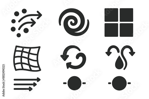 Fluid Simulation Icons. Solid style icons of fluid simulation concepts: Particle Trace, Swirl Pattern, Simulation Grid, Fluid Mesh