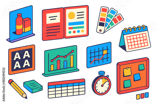 Design Tools Collection. Isometric vector illustration set branding and planning: packaging mockup board, brand style kit, color