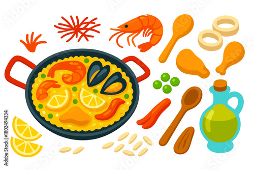 Paella Ingredients Illustration. Isometric vector illustration set cooking themes: paella pan, saffron threads, shrimp, mussels,