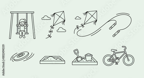 Playful outdoor activities: line art depictions of childhood fun with swings, kites, and bicycles