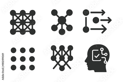 Pattern Recognition Components. Solid style icons of pattern recognition components: Neural Network Grid, Data Cluster Nodes,