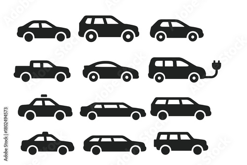 Solid Vehicle Icons. Solid style icons of Cars and vehicles: sedan, SUV, hatchback, convertible, pickup truck, sports car, minivan