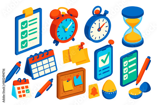 Productivity Icons Collection. Isometric vector illustration set productivity with checkmark and alarm: completed checklist board,