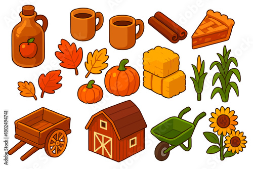 Autumn Harvest Icons. Isometric vector illustration set featuring food and nature: apple cider jug, mugs, cinnamon sticks, apple