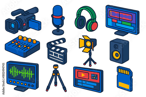Editing Tools Icons. Isometric vector illustration set Video and Audio Editing Tools: video camera, microphone, headphones,