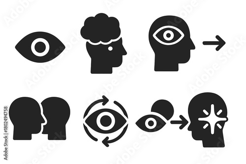 Visual Perception Icons. Solid style icons of object and perception interaction: Human Eye Close-Up, Mind Thought Bubble, Gaze