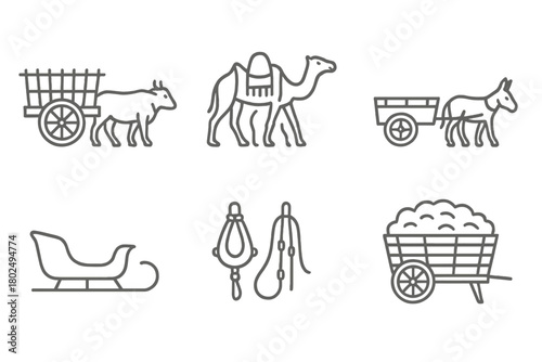 Traditional Vehicle Icons. Line style icons of Traditional Animal-Drawn Vehicles: ox cart, camel caravan saddle, donkey cart,
