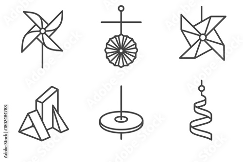 Lightweight Kinetics Icons. Line style icons of Paper and Lightweight Kinetics: paper pinwheel, folded fan mobile, origami spinner