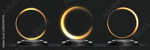 Glowing neon light rings over dark podiums, futuristic energy circles with luminous swirl effect.