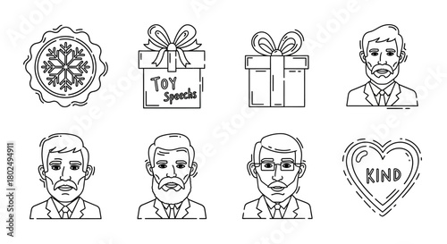 Minimalist line art: christmas snowflake, gifts, and bearded faces