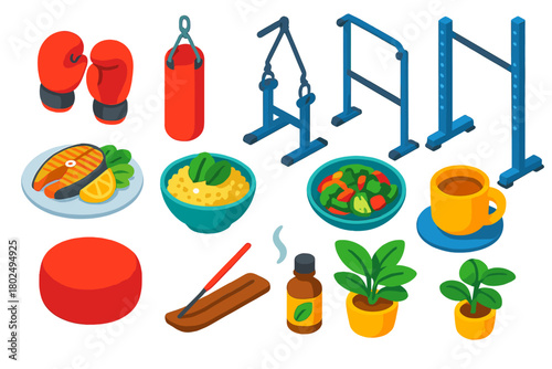 Healthy Lifestyle Icons. Isometric vector illustration set Healthy Lifestyle: boxing gloves, punching bag, chin-up bar, squat rack