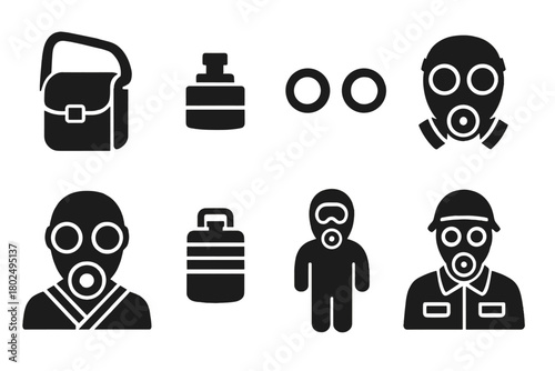 Vintage Gas Mask Icons. Solid style icons of Vintage Gasmask: Bag, Filter, Eye Pieces, WWI, Straps, Canister, Protective Suit,