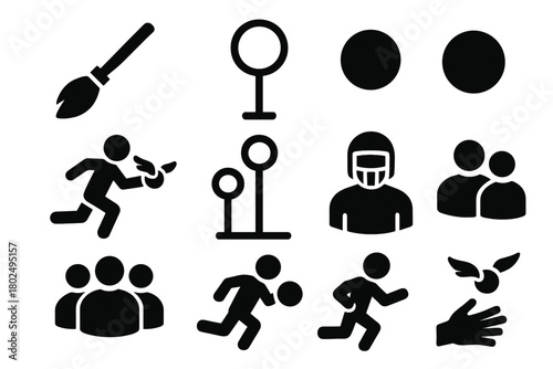 Magical Game Icons. Solid style icons of Magical-Themed Game: Broomstick, Hoop, Bludger, Snitch Runner, Goal Post, Player, Team,